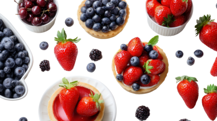 Fresh Berries and Desserts: A flat lay of fresh berries like strawberries and blueberries, along with dessert items like tarts, isolated on a Transparent background, PNG file.