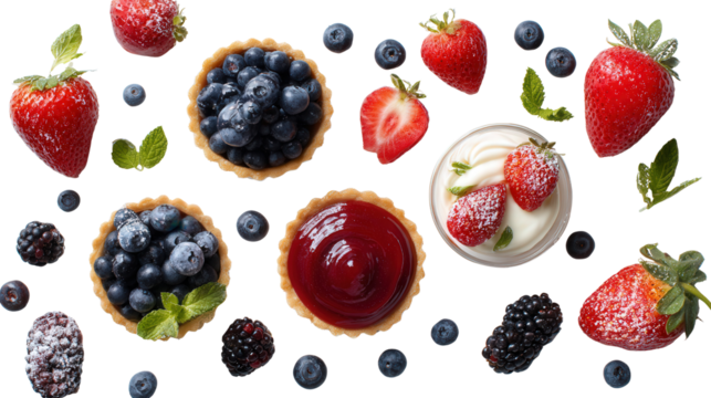 Fresh Berries and Desserts: A flat lay of fresh berries like strawberries and blueberries, along with dessert items like tarts, isolated on a Transparent background, PNG file.