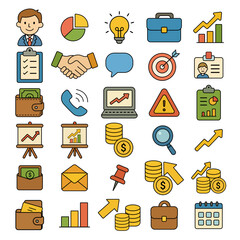 Collection of business and finance icons representing growth success and strategy