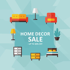 Minimalist Vector Illustration of Home Decor Sale with Furniture and Text in Modern Style Featuring Bright Colors