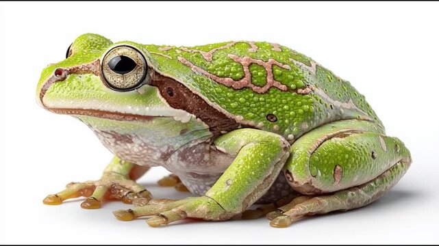 A detailed shot of a vibrant green frog, showcasing its texture and features. The frog's unique skin patterns and large eyes are visible.