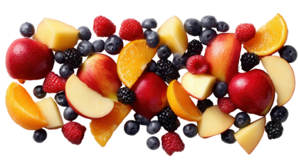 Fresh Fruit Salad Ingredients: A flat lay of fresh fruit salad ingredients like apples, oranges, and berries, isolated on a Transparent background, PNG file.