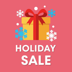 Vector Holiday Sale Illustration with Gift Box Snowflakes and Bold Text in Festive Style