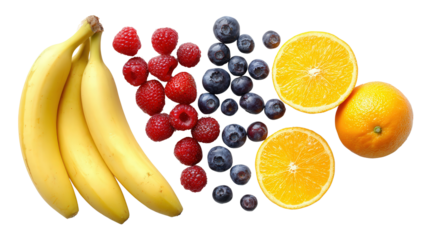 Fresh Fruits for Smoothies: A flat lay of fresh fruits like bananas, berries, and oranges for smoothies, isolated on a Transparent background, PNG file.