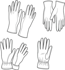 Multiple glove design sketches, front and back view, elastic wrist glove vector, technical CAD drawing illustration for manufacturing template