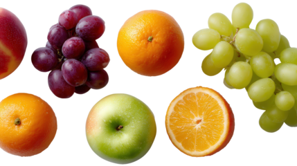Fresh Fruits in Simple Arrangement: A flat lay of fresh fruits such as apples, oranges, and grapes, arranged simply isolated on a Transparent background, PNG file.