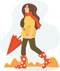 Woman walking with umbrella and pumpkin autumn. Vector illustration in flat style