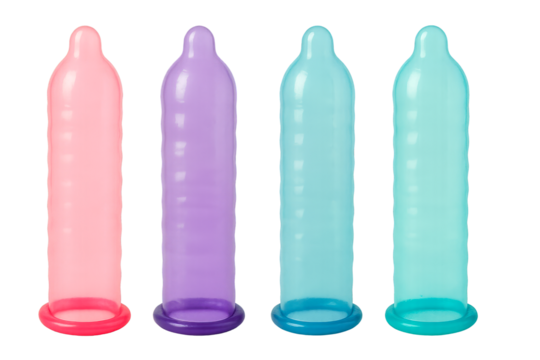 Transparent colorful condoms isolated on background, safe sex concept