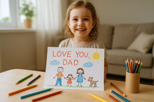 A young Caucasian girl with curly brown hair smiles while holding a colorful drawing that says 'LOVE YOU, DAD'. Colored pencils are scattered on the table. - Powered by Adobe