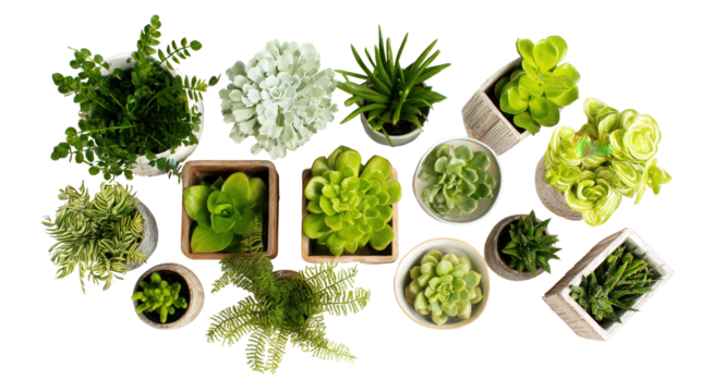 Fresh Green Plants and Succulent in Pots: A flat lay of fresh green plants and succulents in modern pots, isolated on a Transparent background, PNG file.