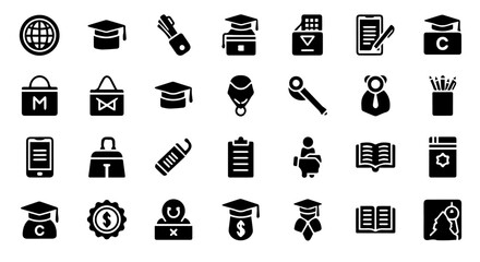 A comprehensive set of icons representing education, business, and finance, featuring graduation caps, briefcases, and currency symbols