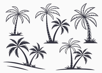 set of palm trees line art silhouette illustration vector
