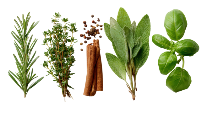 Fresh Herbs and Spices Flat Lay: A flat lay of fresh herbs and spices like rosemary, thyme, and basil, isolated on a Transparent background, PNG file.