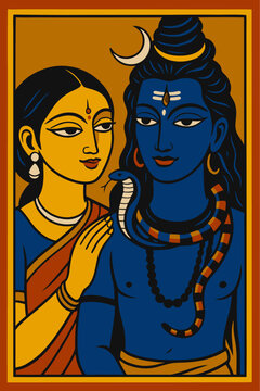 Shiv Parvati Indian Traditional Art Flat Vector Illustration