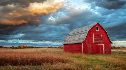 Obraz premium Dramatic sky over red barn in autumn field