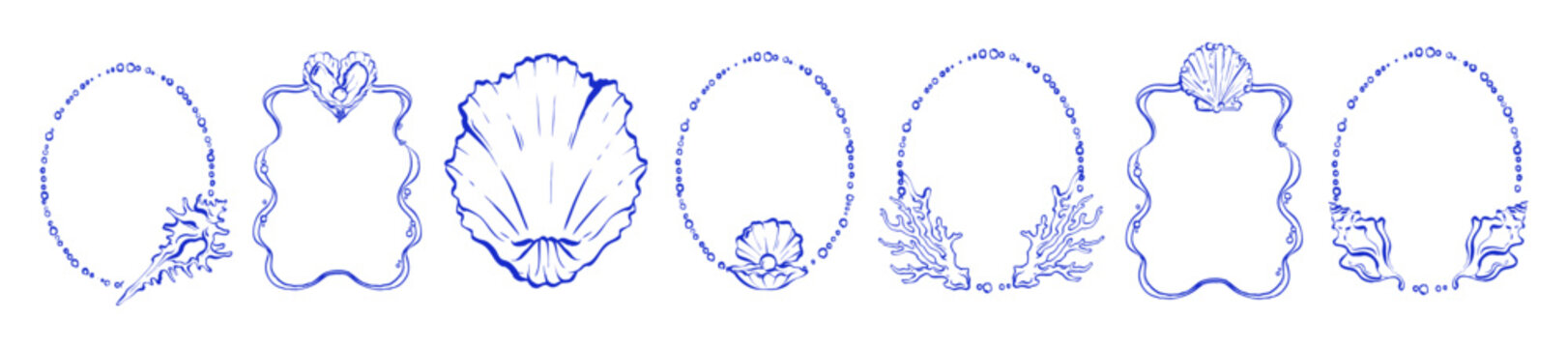 Sea doodle wedding frame set, hand drawn marine border, whimsical holiday invitation design print. Elegant seashell line decor, vintage party menu, pearl oval shape, coral. Coastal wedding frame kit