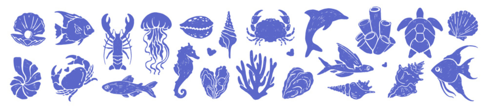 Marine life print set, vector ocean animals graphic, summer beach coastal hand drawn nature shape. Underwater animal silhouette doodle water nautical stamp, fish, shell, crab, conch. Marine print icon
