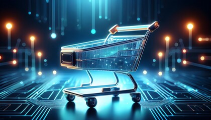 digital shopping cart representing online shopping concept with glowing circuits and innovative e commerce technology