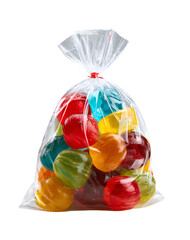 Bright assorted candies in see-through bag isolated on white background