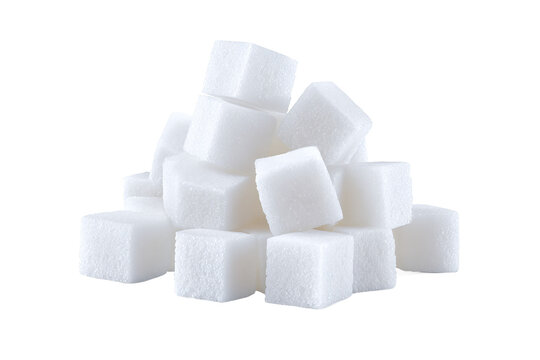 Pile of white sugar cubes isolated on white transparent background.