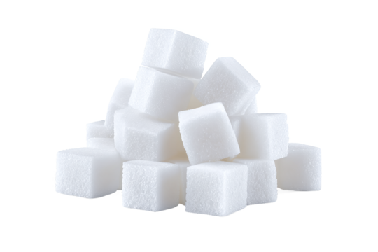 Pile of white sugar cubes isolated on white transparent background.