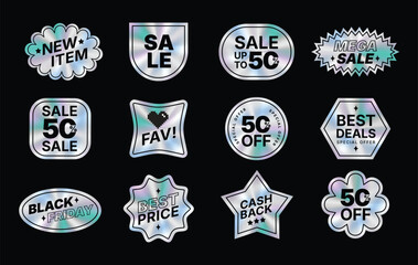 Abstract shapes sticker hologram color set. Trendy retro 90s style. Vector geometric illustration, shape and icon design