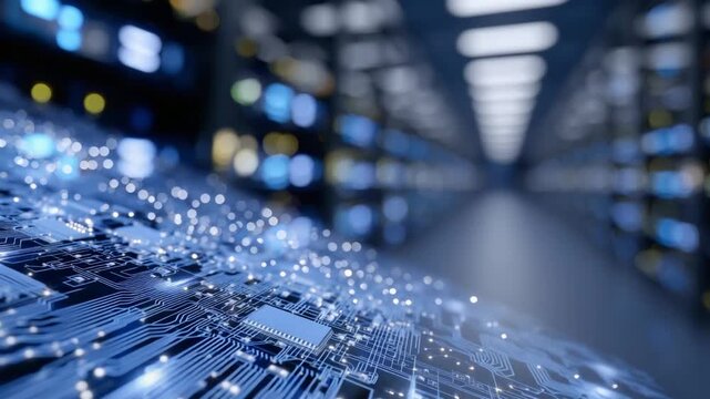 Explore the intricate details of server hardware in a data center, featuring circuit boards and glowing network cables.