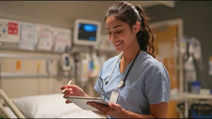 A dedicated healthcare professional in a hospital room, taking notes on a digital tablet