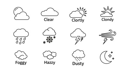 Fototapeta premium Simple weather icons depicting various conditions like clear skies, rain, snow, storms, and fog.