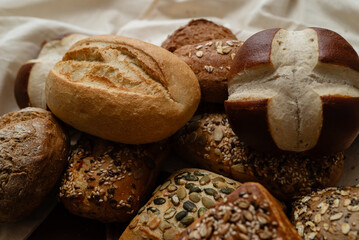 Various types of crusty German buns