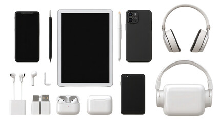 Digital Gadgets and Accessories: A flat lay of digital gadgets like a smartphone, tablet, and earphones, isolated on a Transparent background, PNG file.