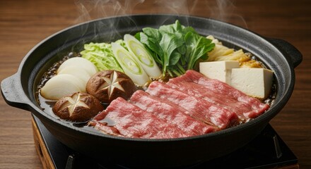 Preparing Traditional Sukiyaki Hot Pot Dish with Beef and Vegetables