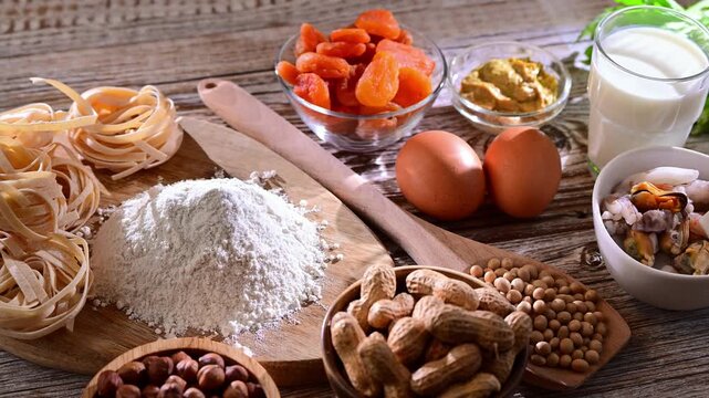 Composition with common food allergens including egg, milk, soya, nuts, fish, seafood, wheat flour, mustard, dried apricots and celery