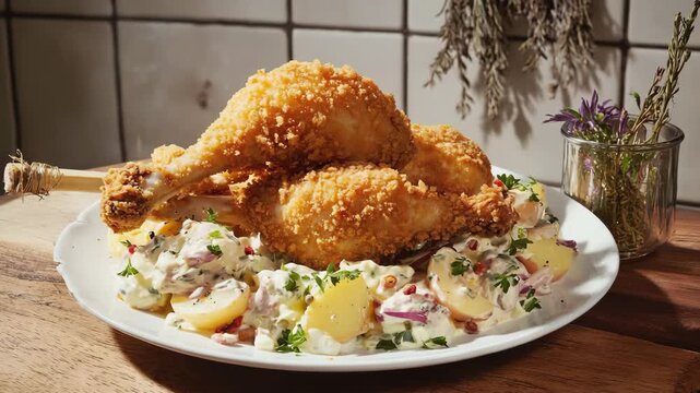 Crispy fried chicken, Austrian Backhendl, served with potato salad, traditional alpine dish with warm, golden light in a cozy kitchen
