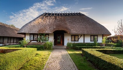 Obraz premium a house with a thatched roof and a walkway leading to the front