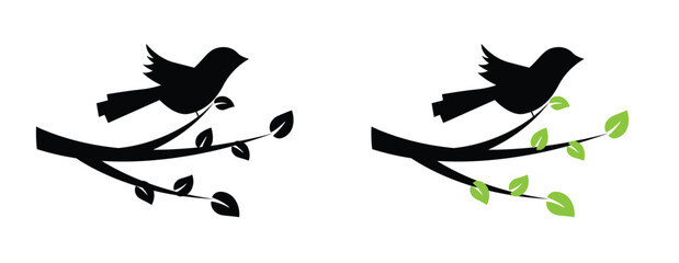 Silhouette of Bird on a Branch Colorful Leaves Isolated. Animals and wildlife concept vector art