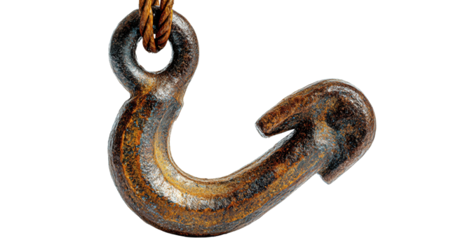 Construction Hook Icon: Icon of a construction hook, used for lifting heavy materials, isolated on a Transparent background, PNG file.