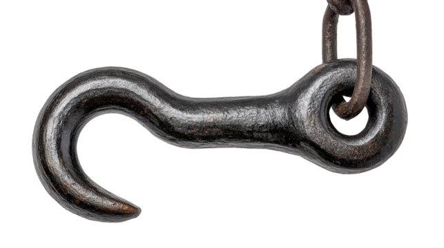 Construction Hook Icon: Icon of a construction hook, used for lifting heavy materials, isolated on a Transparent background, PNG file.