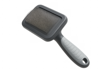 Pet slicker brush with gray ergonomic handle, metal bristles, and transparent background, ideal for grooming and removing mats