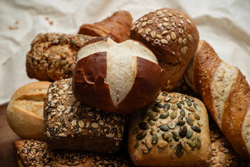 Close-up of diverse German bread and pastry selection