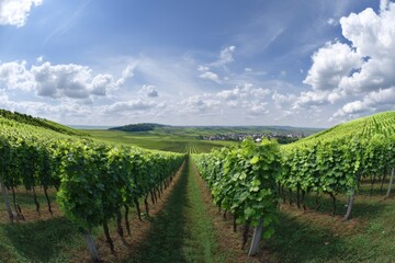 Naklejka premium Vineyard with trade stats overlay: illustrating tariff economics. Global trade news. Eu aims for deal with us, delays tariff implementation until august. Trade balance shift. Economic forecast.