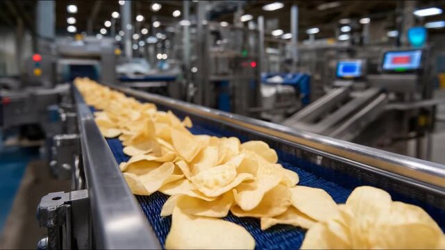 Freshly fried potato chips glide along a pristine conveyor belt, illuminated by industrial lights and surrounded by gleaming processing equipment.