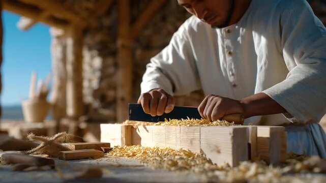 A carpenter shaping wood with chisel and tools