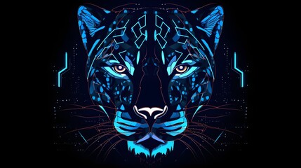 Futuristic Panther Face Illustration Featuring Neon Blue Circuit-Inspired Patterns on Dark Background for Digital Wildlife Visual Design