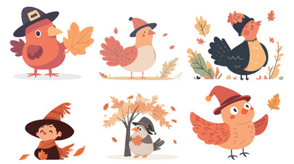 Cute cartoon turkey wearing a pilgrim hat celebrating autumn season, symbolizing Thanksgiving, fall harvest, festive holiday, traditional celebration, and seasonal harvest themes in a playful 