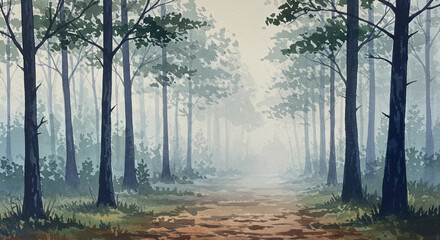 Fototapeta premium Watercolor forest path with fog and pine trees in early morning atmosphere