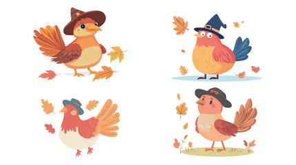 Cute cartoon turkey wearing a pilgrim hat celebrating autumn season, symbolizing Thanksgiving, fall harvest, festive holiday, traditional celebration, and seasonal harvest themes in a playful 