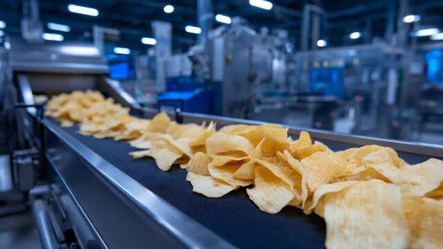Golden potato chips glide seamlessly on a stainless steel conveyor belt amidst advanced food industry machinery and ambient factory lighting.
