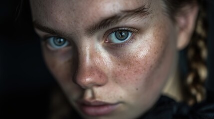 Obraz premium Primer plano de una joven con ojos verde esmeralda y peinado trenzado.