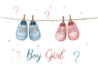 Baby Gender Reveal Blue and Pink Shoes on a Clothesline.